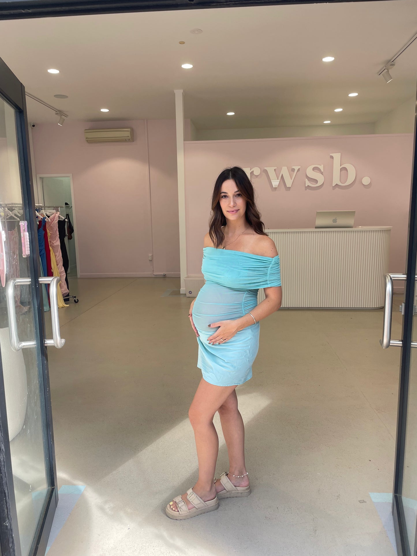 Benni - Nico Off The Shoulder Maxi Dress in Aquamarine