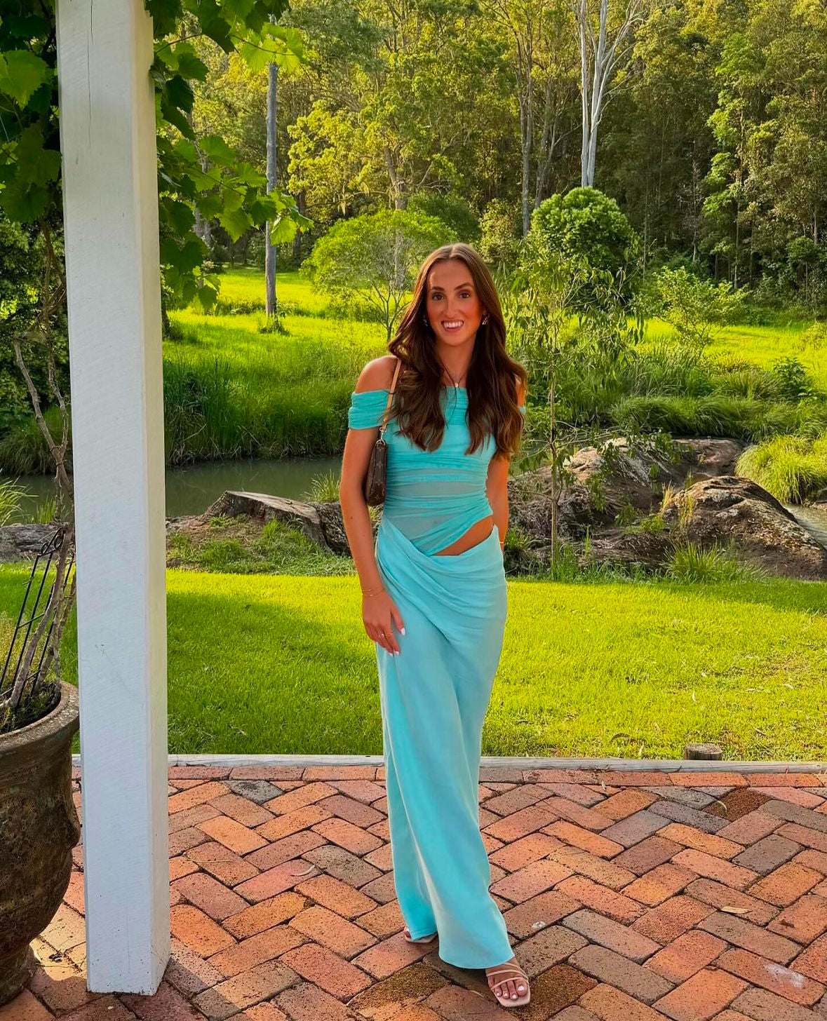 Benni - Nico Off The Shoulder Maxi Dress in Aquamarine