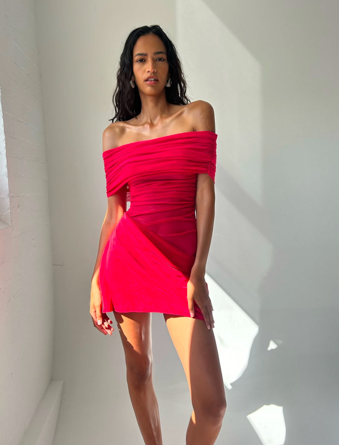 Benni - Nico Off The Shoulder Mini Dress in Watermelon