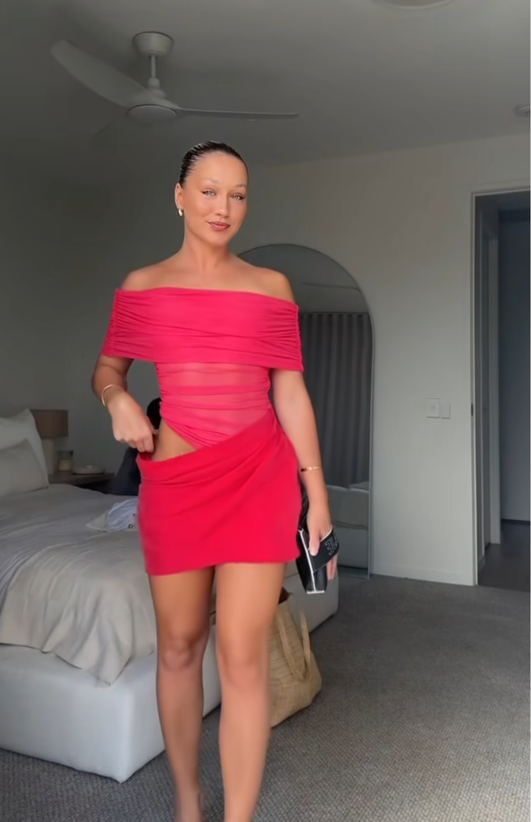 Benni - Nico Off The Shoulder Mini Dress in Watermelon