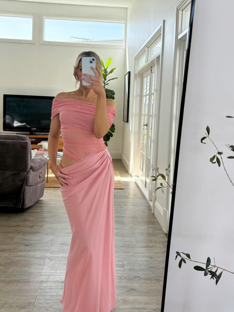 pink off the shoulder maxi dress Benni