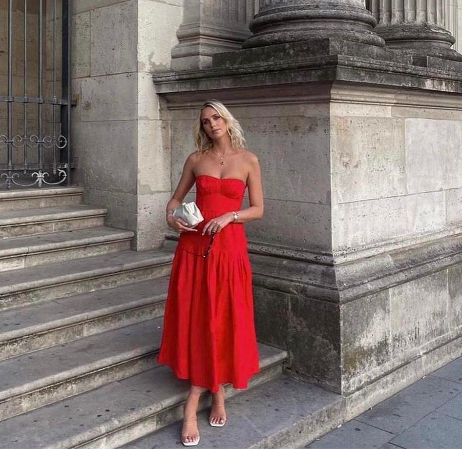 Shona Joy Jules Linen Strapless Ruched Midi in Lipstick Red rwsb