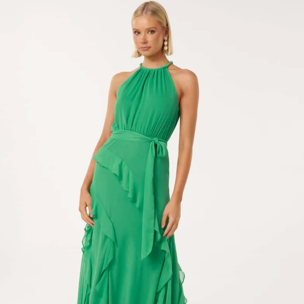 Forever New - Bridie Halter Neck Ruffle Maxi Dress in Green rwsb. Forever New - Bridie Halter Neck Ruffle Maxi Dress in Green rwsb.