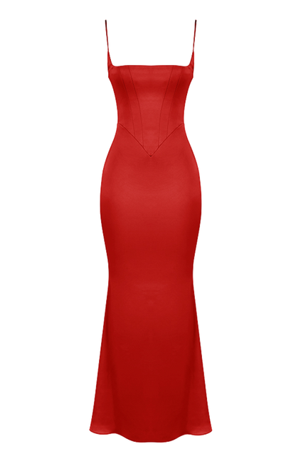 House Of CB - Olivette Red Rose Satin Corset Maxi Dress