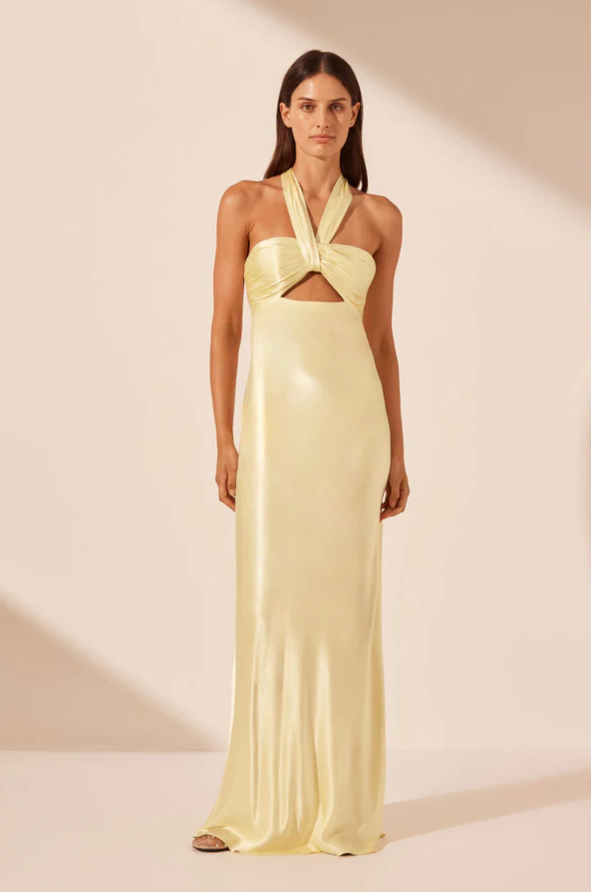 Shona Joy - La Lune Plunged Ruched Halter Maxi Dress - Lemon