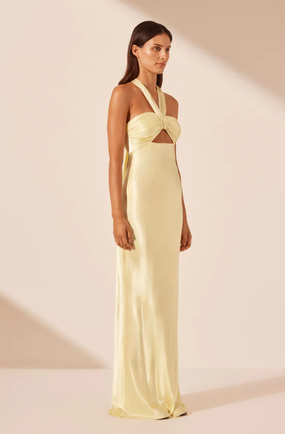 Shona Joy - La Lune Plunged Ruched Halter Maxi Dress - Lemon