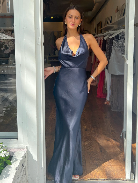 Zara - Cowl Neck Satin Maxi Dress in Midnight Blue