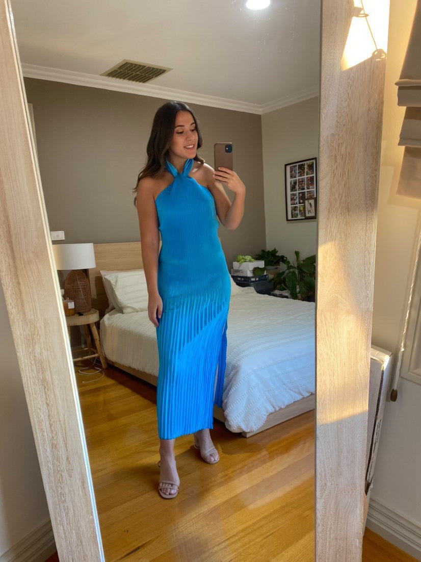 L'idee Soiree - Pleated Halter Gown in Blue