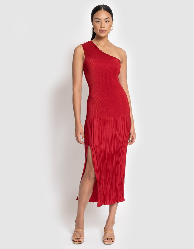 L'idee Soiree - One Shoulder Pleated Midi Dress in Rouge
