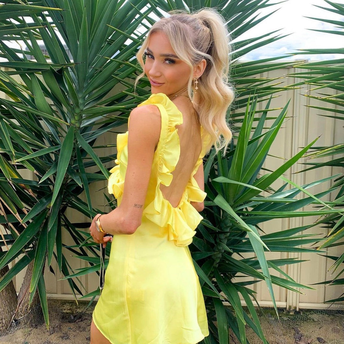 House Of CB - Tink Buttercup Satin Ruffle Mini Dress rwsb. House Of CB - Tink Buttercup Satin Ruffle Mini Dress rwsb.