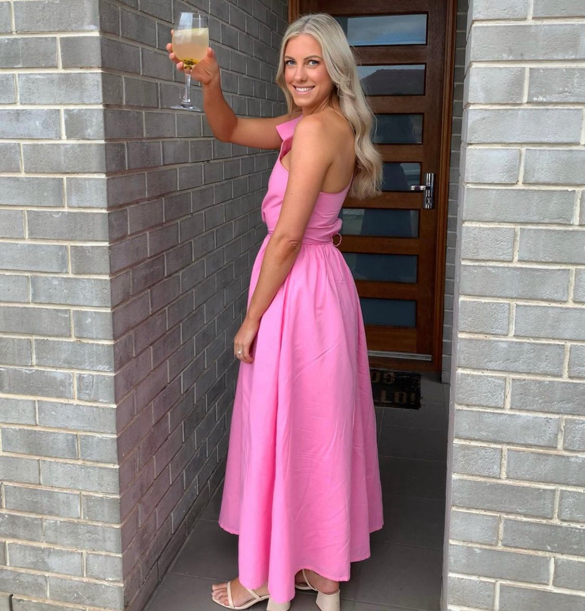 By Nicola - Gabriella One Shoulder Midi Dress in Pink Grapefruit