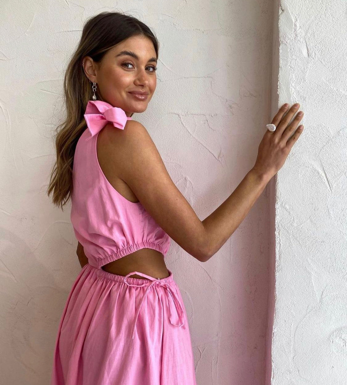 By Nicola - Gabriella One Shoulder Midi Dress in Pink Grapefruit