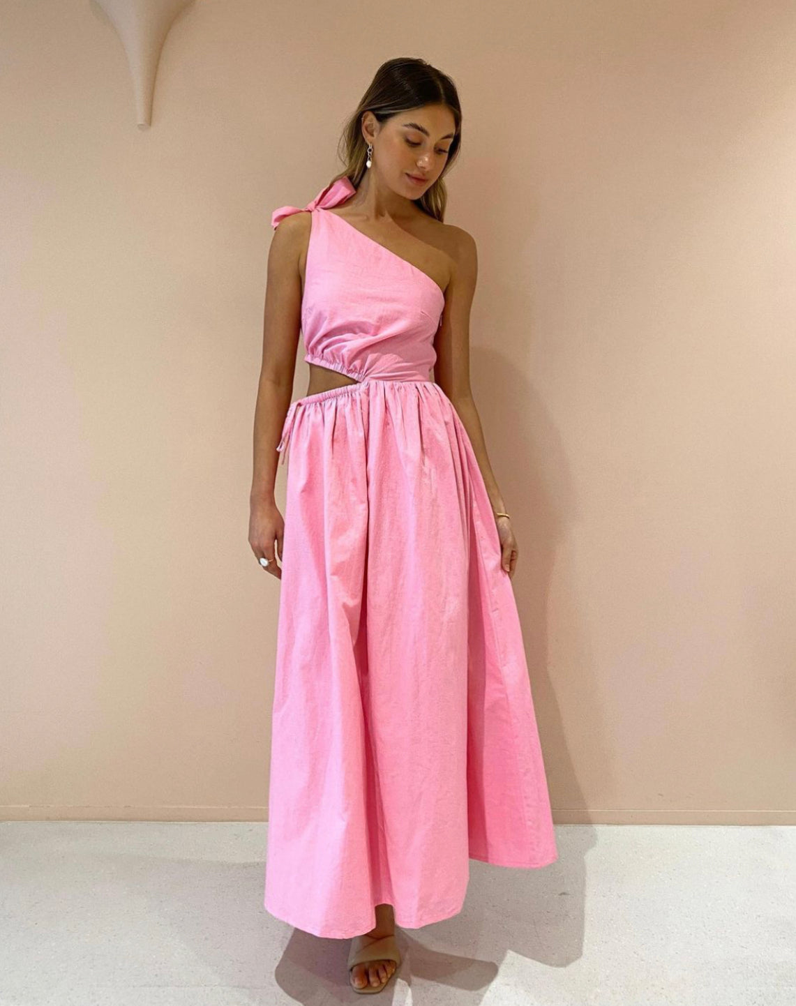 By Nicola - Gabriella One Shoulder Midi Dress in Pink Grapefruit