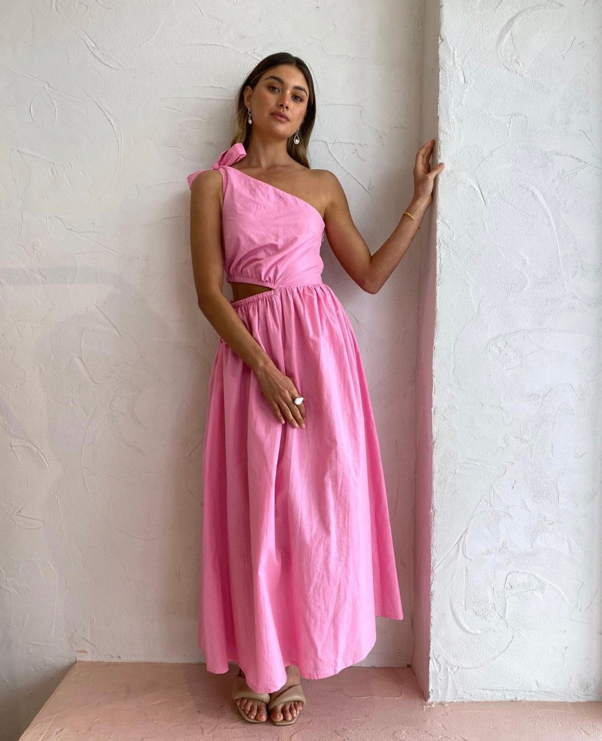 By Nicola - Gabriella One Shoulder Midi Dress in Pink Grapefruit