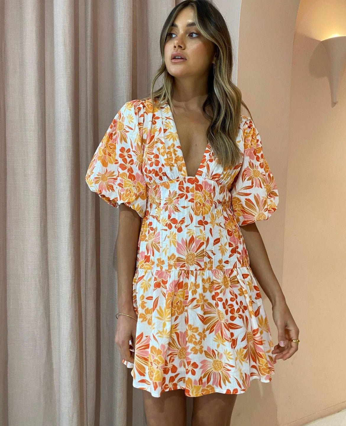 By Nicola - Fiesta Stitch Waist Mini Dress in Holiday Floret