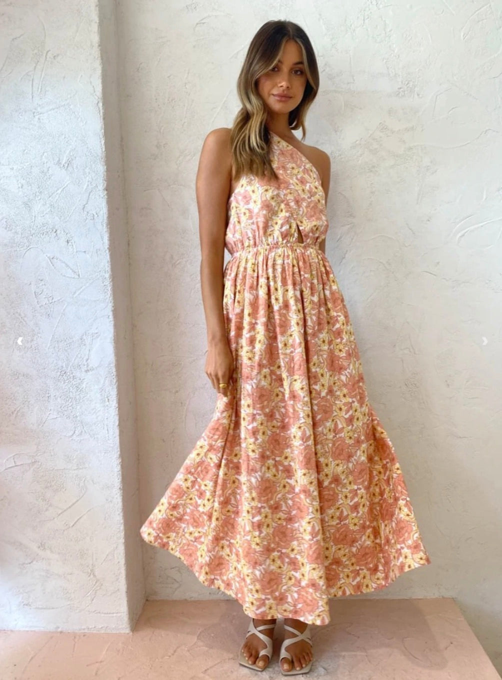 By Nicola - Calypso Maxi Tie One Shoulder Dress in Light Sunrise Blooms