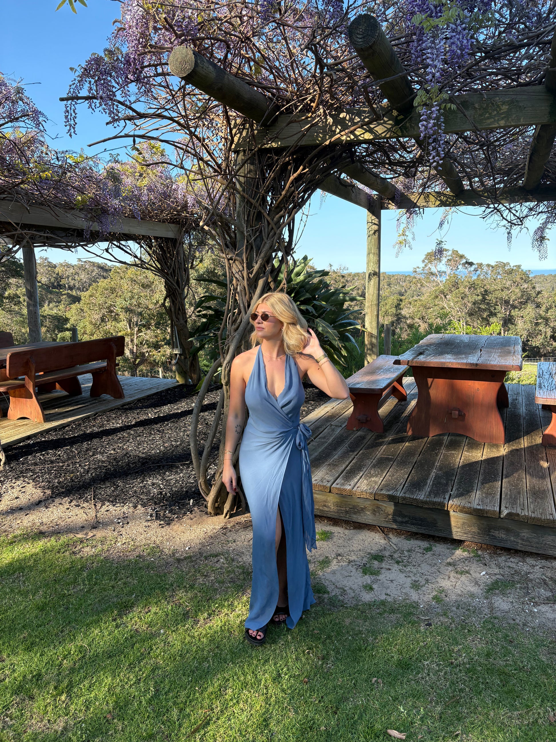 Bec and Bridge - Soneva Wrap Dress in Steel Blue rwsb. Bec and Bridge - Soneva Wrap Dress in Steel Blue rwsb.