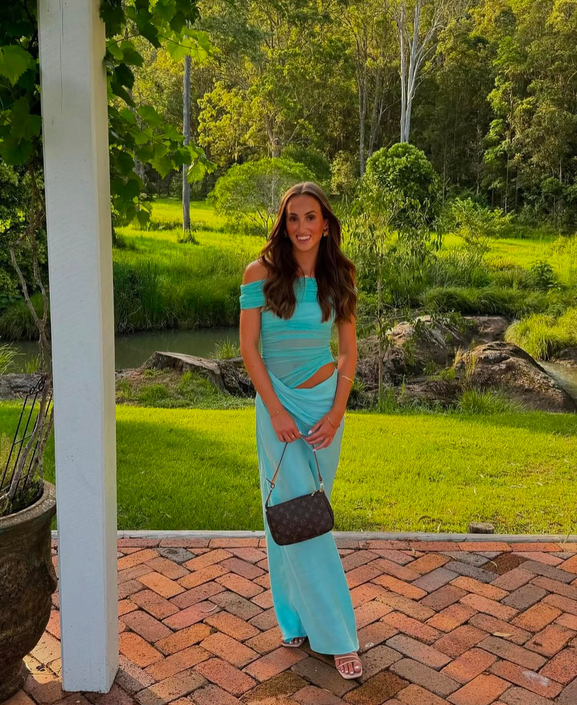 Benni - Nico Off The Shoulder Maxi Dress in Aquamarine