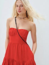 Load image into Gallery viewer, Shona Joy - Jules Linen Strapless Ruched Midi in Lipstick Red

