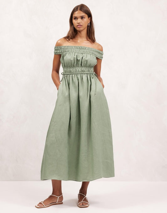 Aere - Linen Gathered Midi Dress in Sage