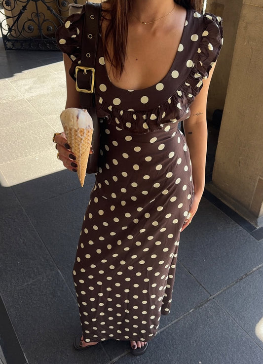 Design By Si - Luna Dress in Polka Dot Brown/Yellow