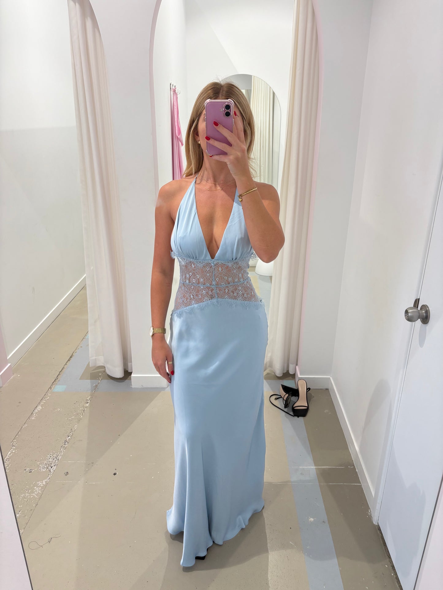 Meshki - Dinah Lace and Satin Maxi Dress in Cornflower Blue