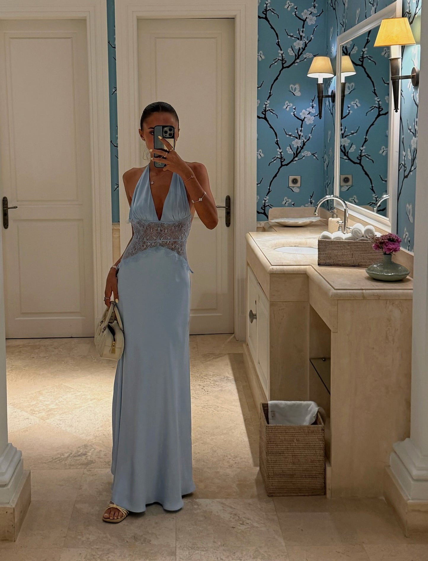 Meshki - Dinah Lace and Satin Maxi Dress in Cornflower Blue