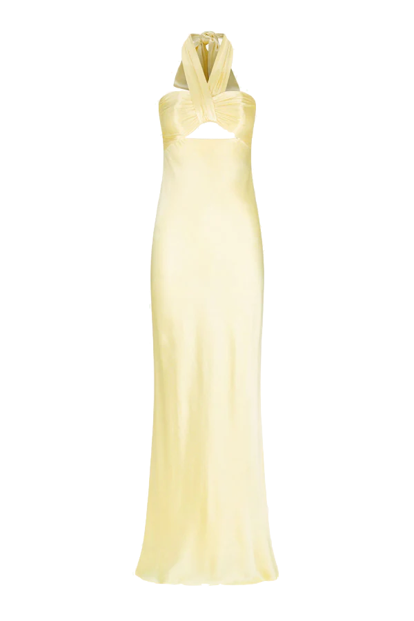 Shona Joy - La Lune Plunged Ruched Halter Maxi Dress - Lemon rwsb. Shona Joy - La Lune Plunged Ruched Halter Maxi Dress - Lemon rwsb.