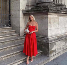 Load image into Gallery viewer, Shona Joy - Jules Linen Strapless Ruched Midi in Lipstick Red
