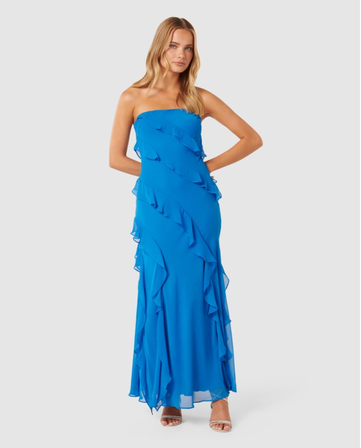 Forever New - Stella Strapless Ruffle Dress in Blue