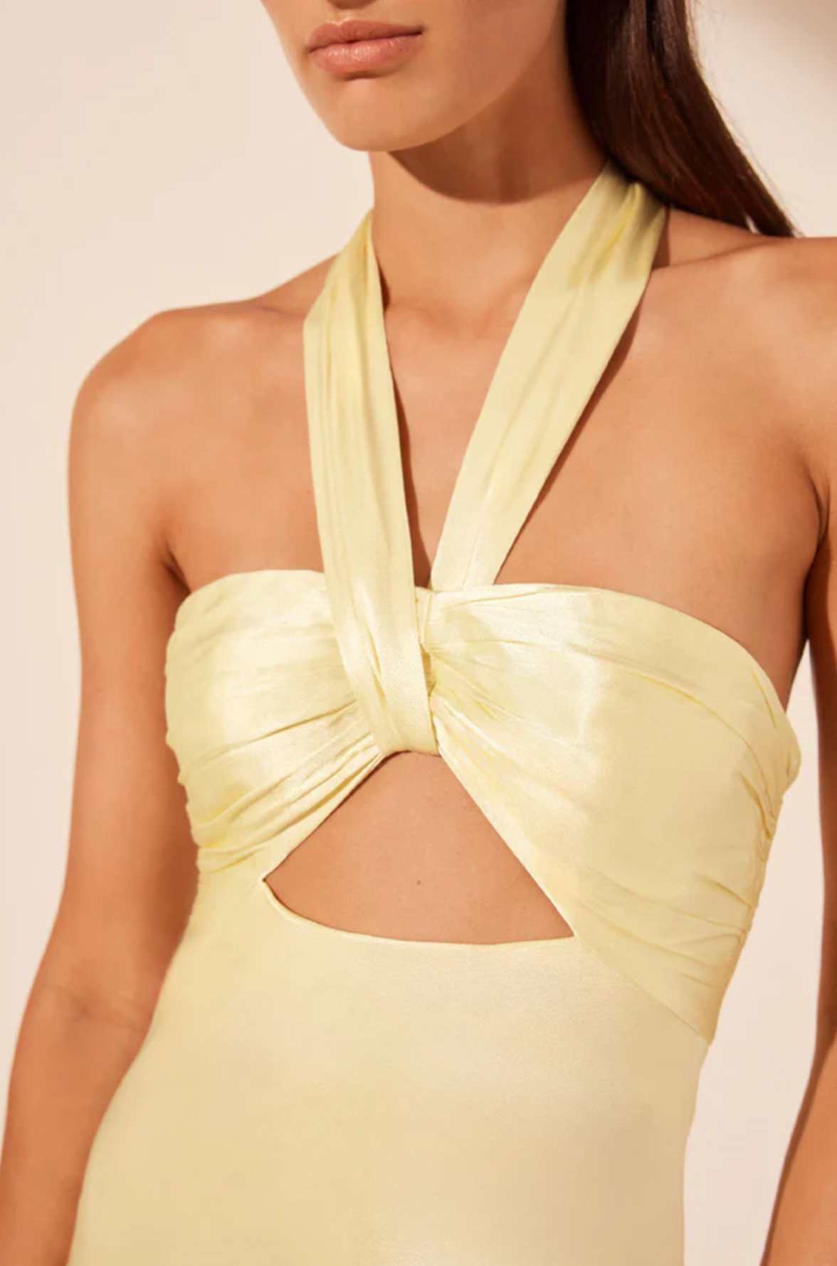 la lune ruched halter maxi dress in lemon Shona Joy - La Lune Plunged Ruched Halter Maxi Dress