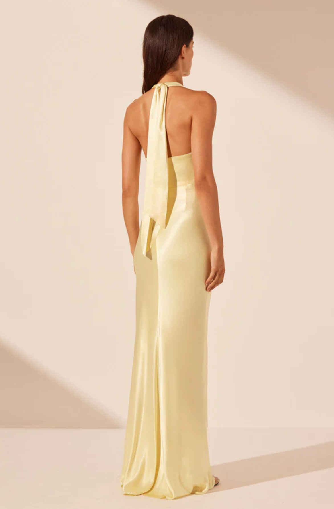 la lune ruched halter maxi dress Shona Joy in Graphite Halter maxi dress with cut out detail in midnight in a silk touch fabric with a luxurious sheen Shona Joy La Lune Ruched