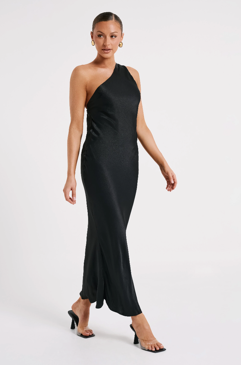 Meshki - Alejandra One Shoulder Satin Maxi Dress - Black