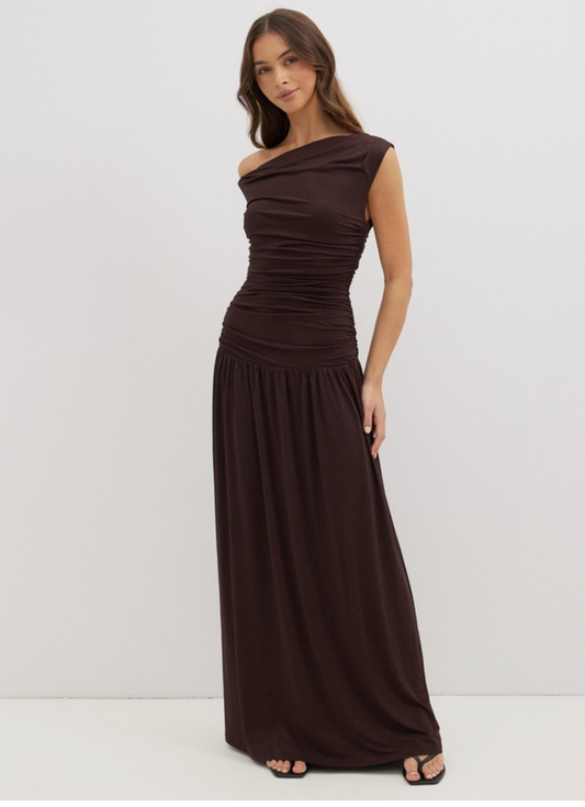 Dazie - Jersey Off The Shoulder Maxi in Chocolate