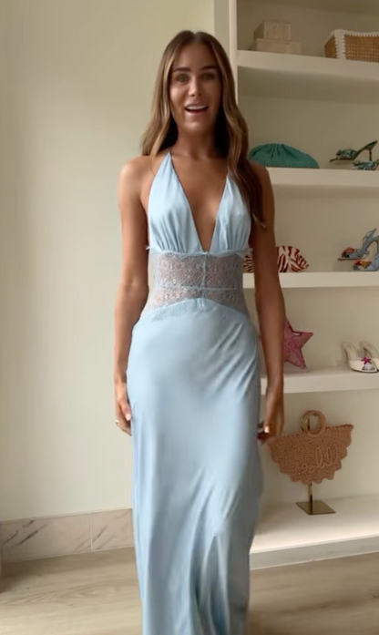 Meshki - Dinah Lace and Satin Maxi Dress in Cornflower Blue