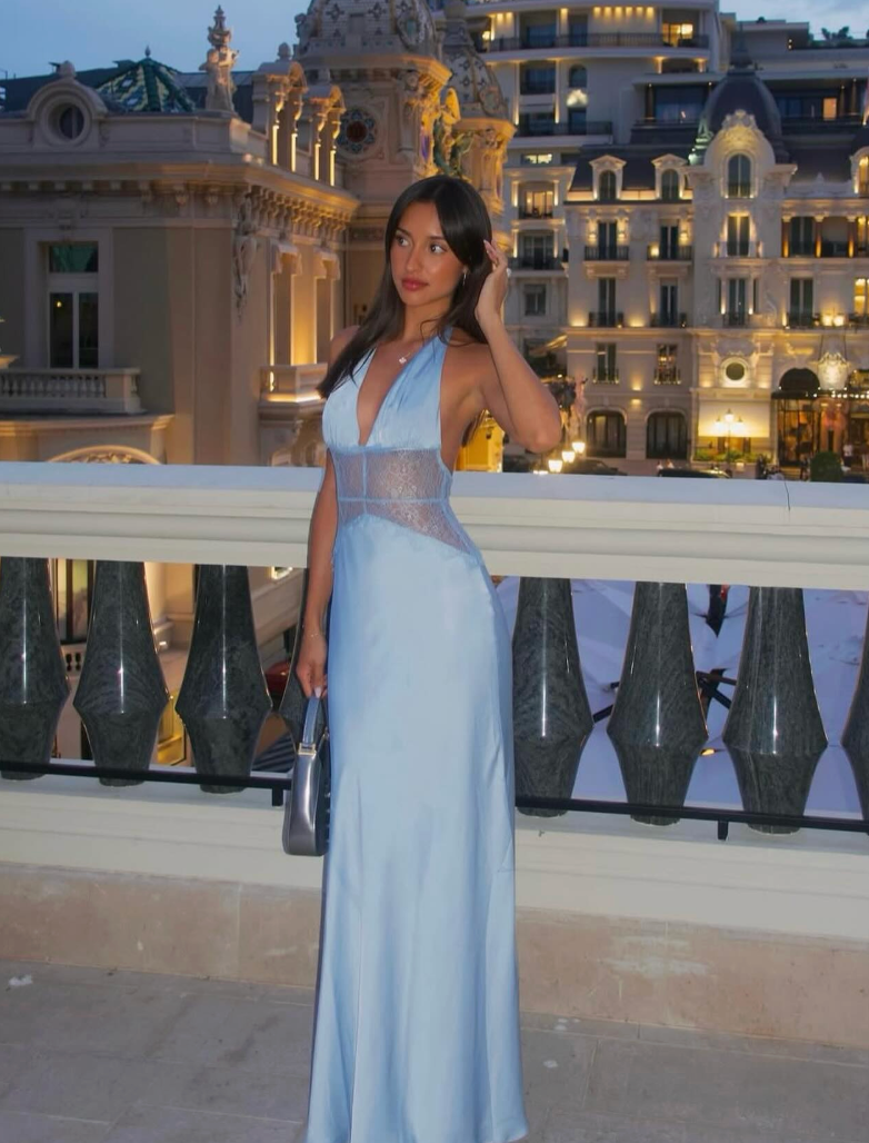 Meshki - Dinah Lace and Satin Maxi Dress in Cornflower Blue