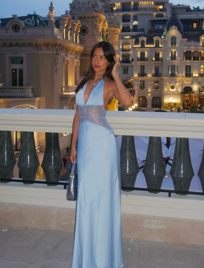 Meshki - Dinah Lace and Satin Maxi Dress in Cornflower Blue