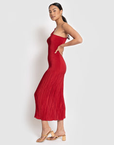 L'idee Soiree - One Shoulder Pleated Midi Dress in Rouge
