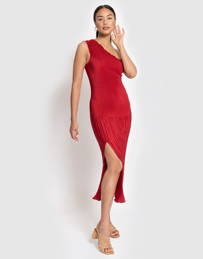 L'idee Soiree - One Shoulder Pleated Midi Dress in Rouge