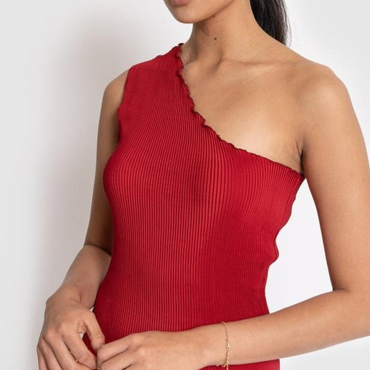 L'idee Soiree - One Shoulder Pleated Midi Dress in Rouge