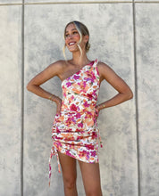 Load image into Gallery viewer, Sofia The Label - Stella Asymmetric Ruched Mini Dress in Pink Peach Floral
