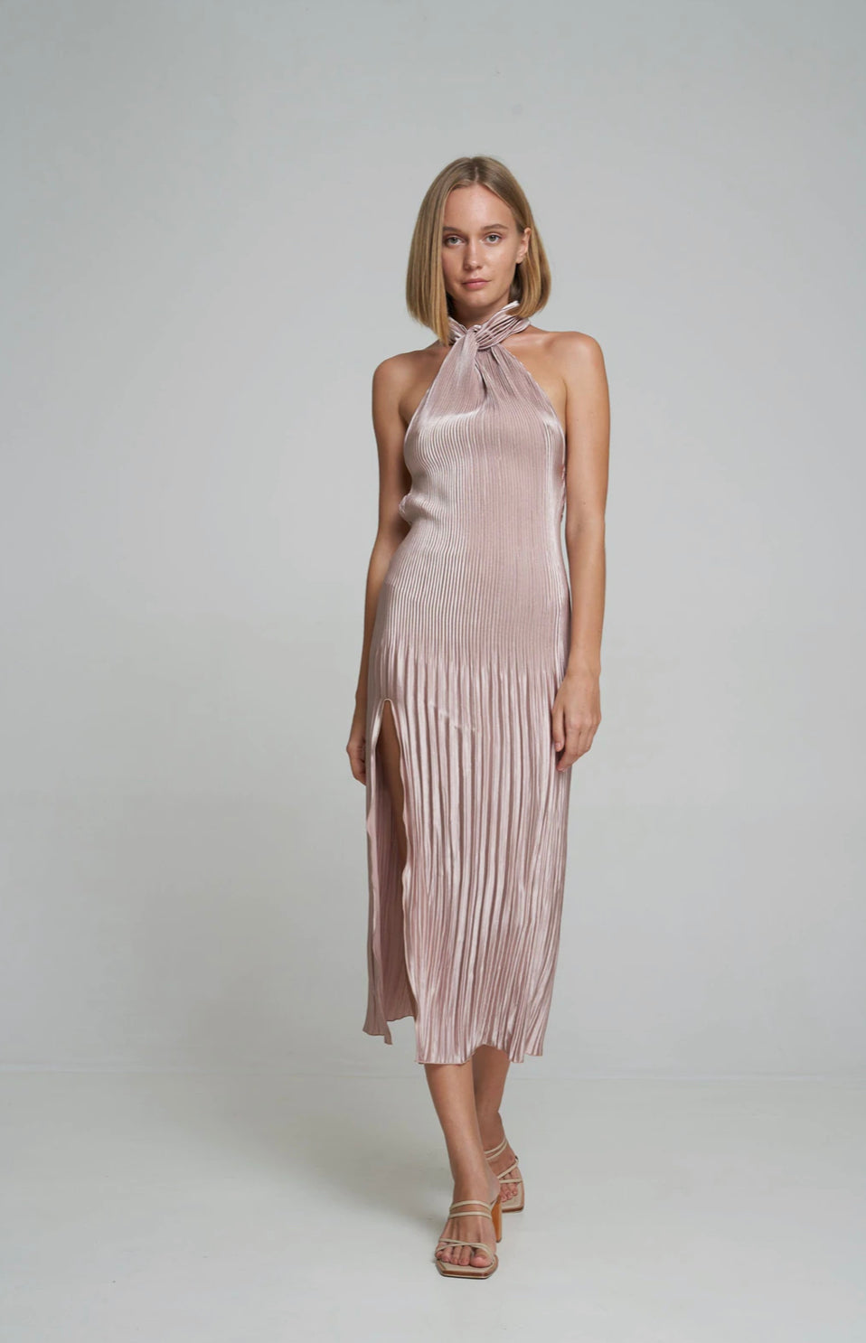 L'idee Soiree - Pleated Halter Gown in Latte