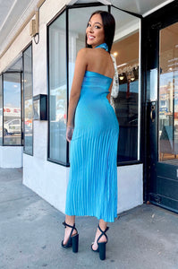 L'idee Soiree - Pleated Halter Gown in Blue