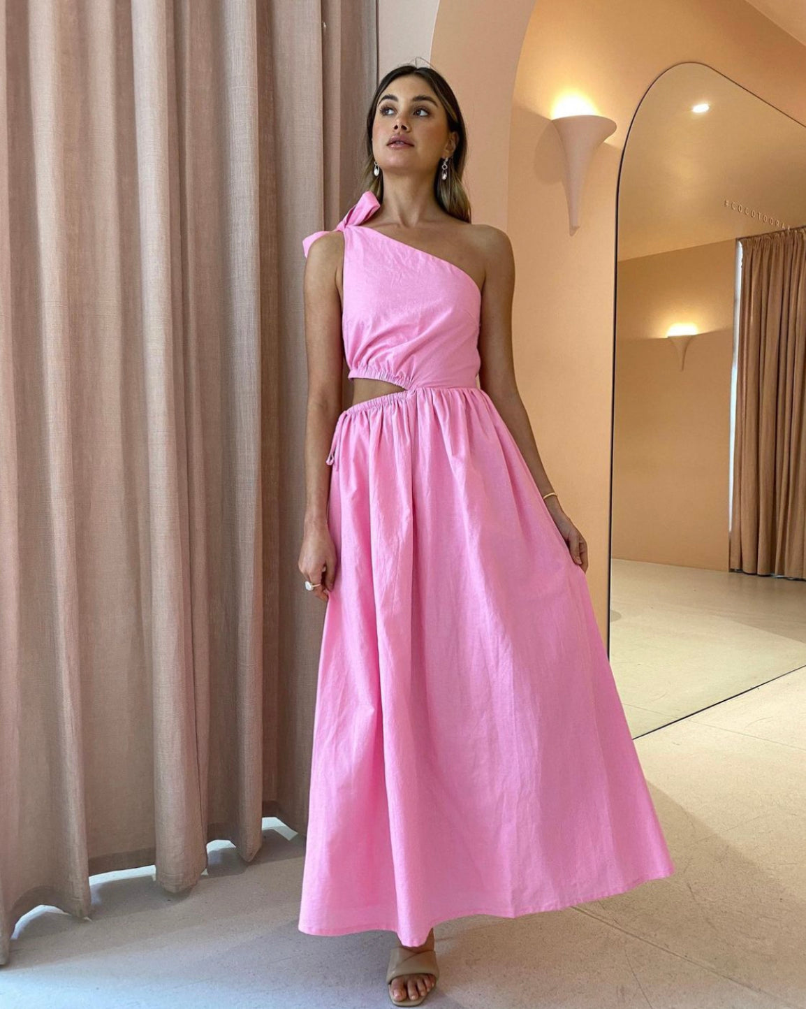By Nicola - Gabriella One Shoulder Midi Dress in Pink Grapefruit