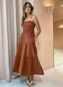 Shona Joy - Kaia Shirred Tiered Midi Dress in Paprika