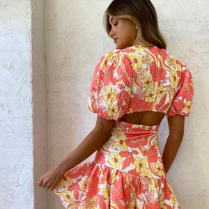 By Nicola - Calypso Puff Sleeve Mini Dress in Sunrise Blooms