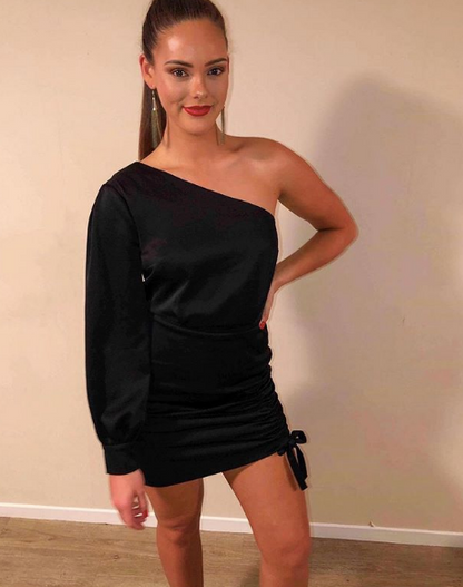 kookai black one shoulder dress Kookai One Shoulder Glitter Strap Ruched Bodycon Dress Black 1 AU 8 US 4
