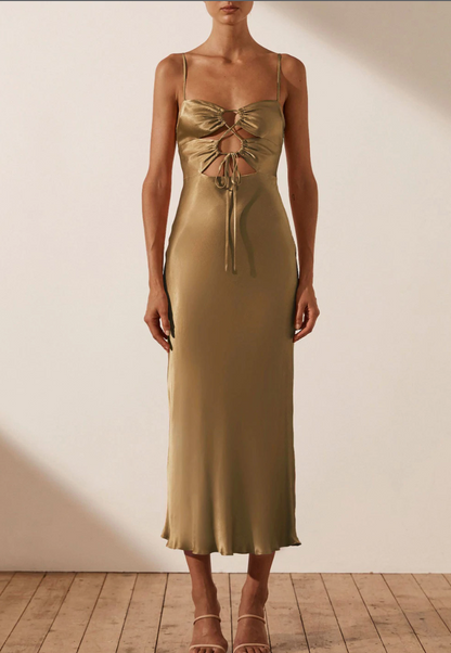 Shona Joy - Alma Lace Up Midi Dress in Cumin rwsb. Shona Joy - Alma Lace Up Midi Dress in Cumin rwsb.